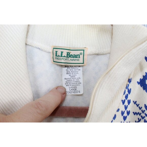 Vintage LL Bean Blue White Nordic Snowflake Quarter Zip Sweater Large - Picture 5 of 9